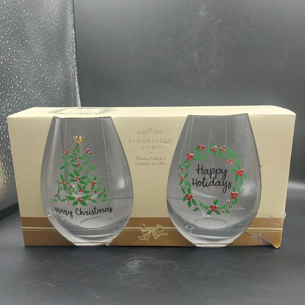 NIB Ridgefield Home 2 Stemless Wine Glasses Jeweled Christmas Tree Holiday